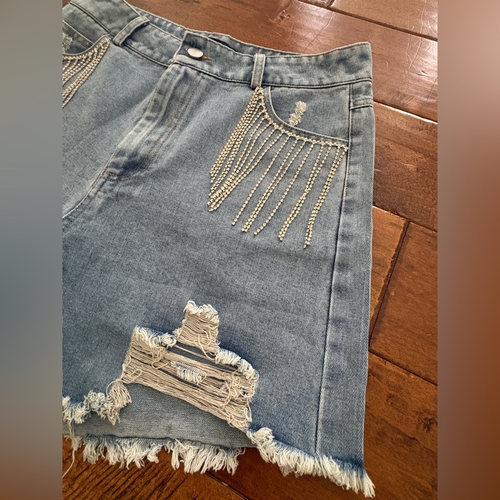 Blue B Collection Rhinestone Fringe Distressed Denim Shorts - Picture 2 of 10